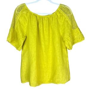 Terzo Millenio 100% Linen Short Sleeve Eyelet Inset Top Yellow Size Medium